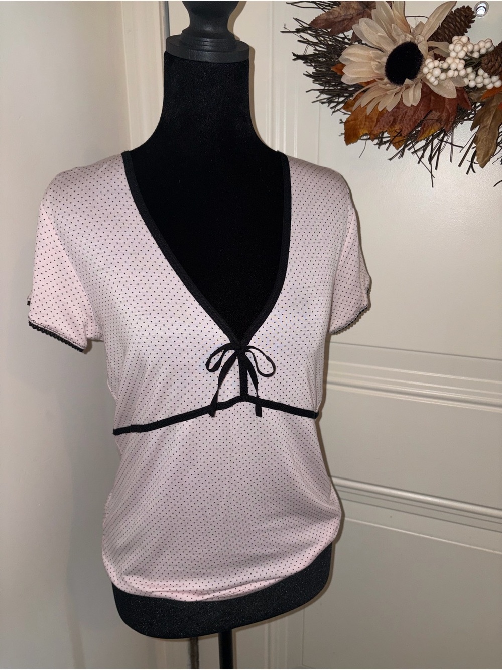 Banana Republic Light Pink Polka Dot V-Neck Top with Black Trim